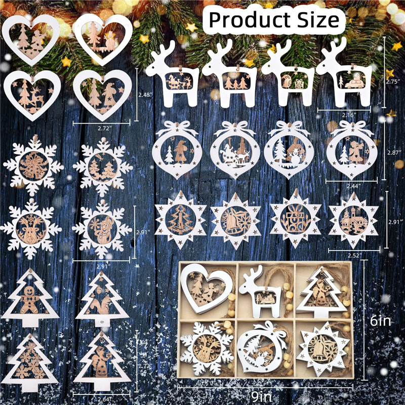 Shangrun Kerstboomversieringen Set van 24 uit hout gesneden hangende knutseldecoraties 4